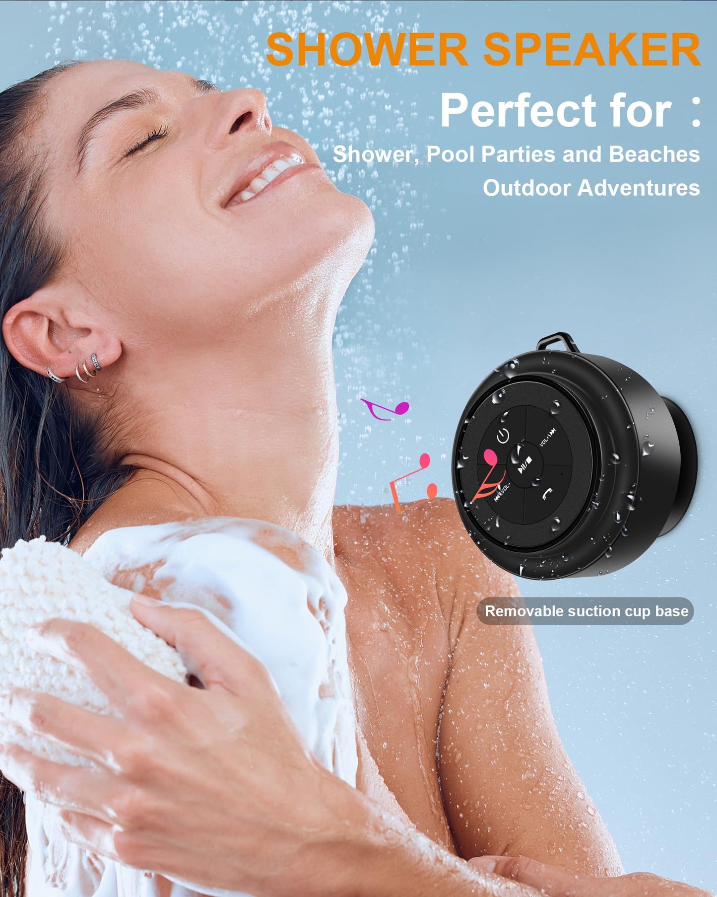 Bluetooth Shower Speaker, Portable Bluetooth Speakers, Ip67 Waterproof Wireless Speaker With Suction Cup & Carabiner, Built-In M