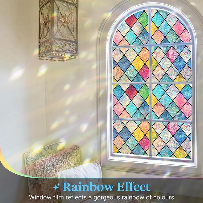 Haton Stained Glass Window Film, Rainbow Window Privacy Film, Decorative Sun Blocking Glass Clings Stickers, Static Cling Colorful Lattice Coverings Decals for Home Door 23.6" x 157.4"