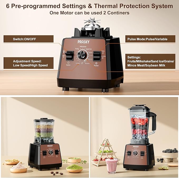 Blender, Smoothie Blenders, PRASKY Max.2400Watts/1000Watts Kitchen Blender and Grinder Combo 25000RPM Powerful Kitchen 68oz BPA Free 2 Containers Countertop Blenders Ice Crushing (Brown)