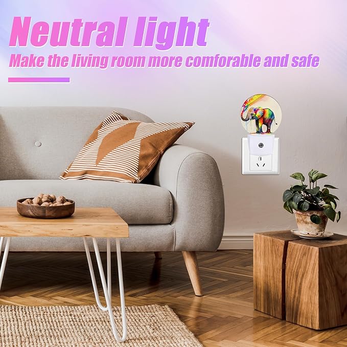 Colorful Elephant Night Light LED Lamp Round Plug into Wall Nightlight with Dusk to Dawn Sensor Home Hallway Stairway Kitchen Decor