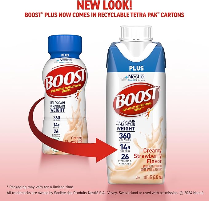 BOOST Plus Nutritional Drink, Creamy Strawberry, 8 Fl Oz (Pack of 24)