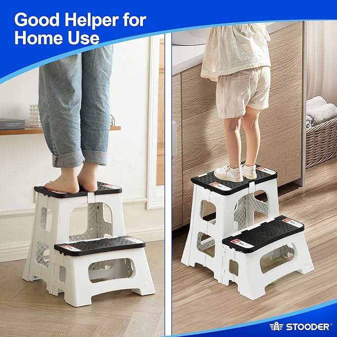 Folding 2-Step Stool - Upgraded Stable A-Frame, Safety Lock, Anti-Slip Rubber Feet, 300lb Capacity, No Assembly - 8" 17" Step Stools for Kitchen, Bathroom, Bed, RV, Home, Office (Panda)