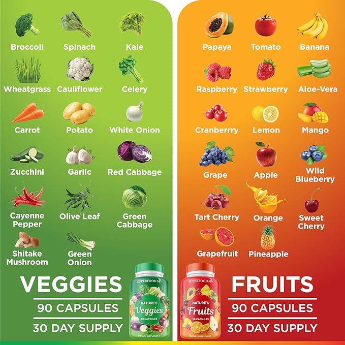 Superfood 180 Fruit and 180 Veggie Capsules - Whole Food Natural Superfoods - Maintain Energy Levels, with Aloe Vera - Soy Free (90 Count (Pack of 4)