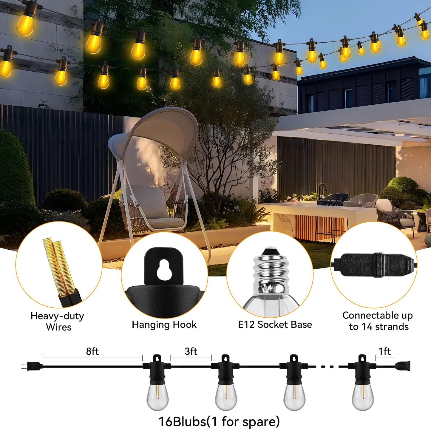 Aialun 51ft LED Outdoor String Lights, Waterproof with 16 S14 Shatterproof Bulbs, Black 2200K, Model USS14-51FT15LEDP1#2