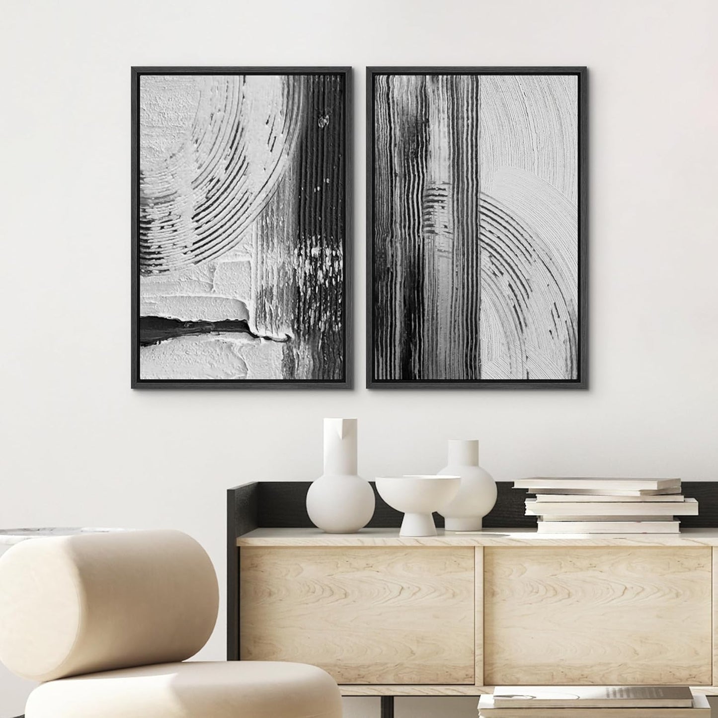 SIGNWIN Framed Canvas Print Wall Art Set Black White Industrial Paint Strokes Abstract Shapes Illustrations Modern Art Minimal Decorative Nordic for Living Room, Bedroom, Office - 24"x36"x2 Black