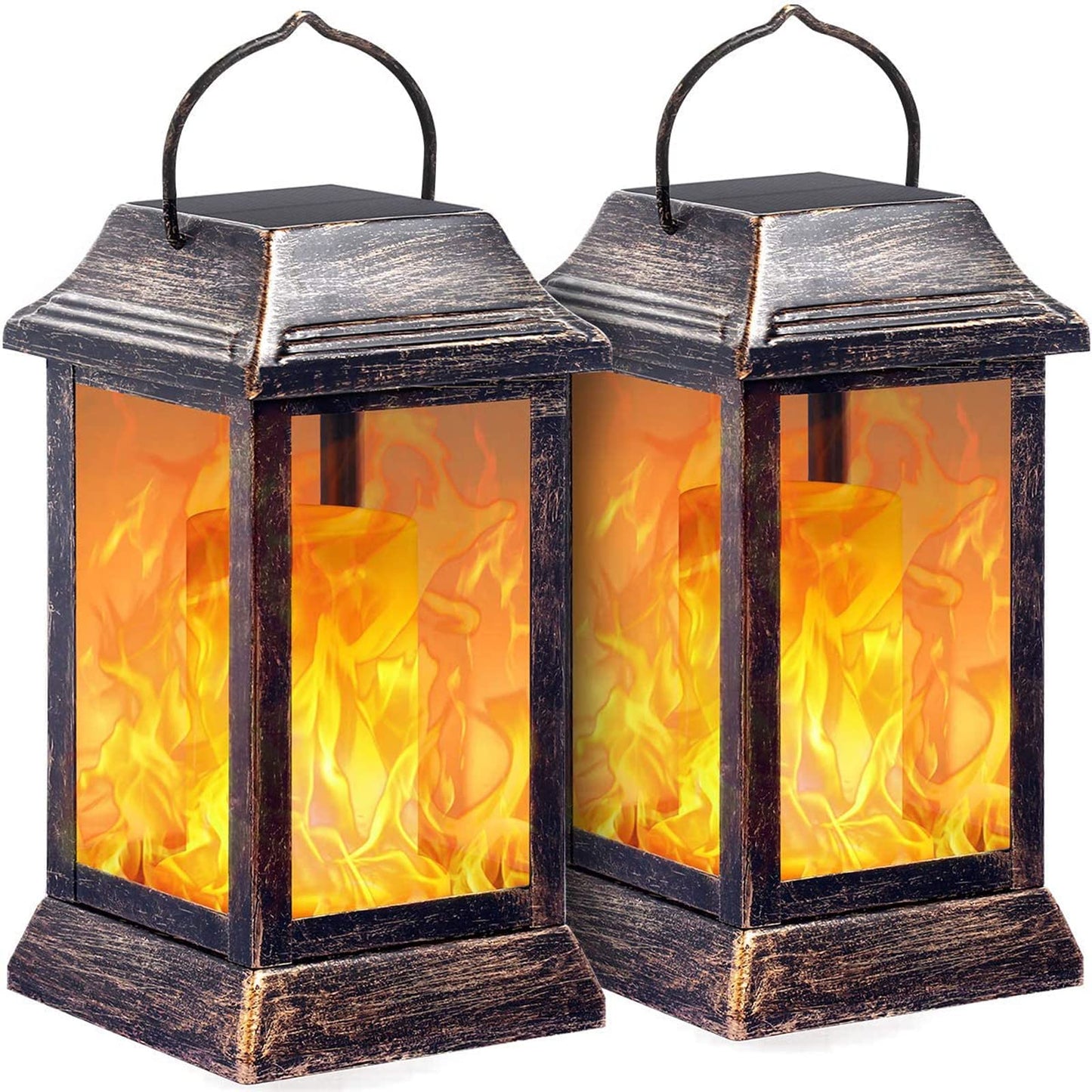 Tomcare Solar Lanterns - 2 Pack Metal Flickering Flame Led Lights, Waterproof, Bronze, Model Sz-19003 For Outdoor Patio Garden Decor