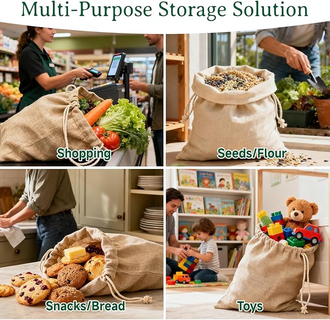 Simple&Opulence 12-Pack 10” x 12” Linen Cotton Drawstring Bags Reusable Grocery Sacks, DIY Craft Sachet Sacks Storage Cloth Bags for Party Wedding Home Bulk Produce Bags, Washable, Natual Linen