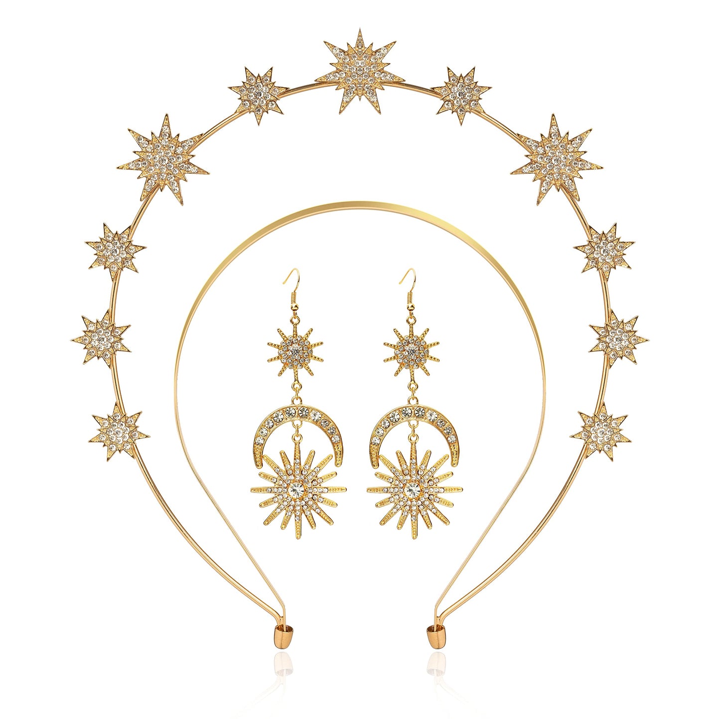 Halo Crown Stars Goddess Crown Halo Headband with Earrings Tiaras and Crowns for Women Boho Bridal Wedding Headpiece