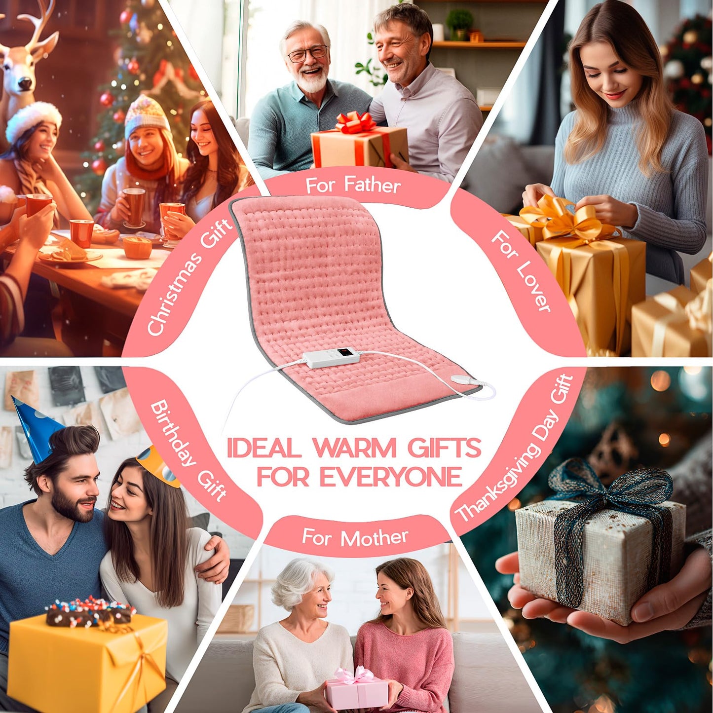 Heating Pad for Period Cramps, Heating Pad for Back/Neck/Shoulder Muscle Pain, 6 Heating & 4 Timer Setting, Auto Shut Off, Moist Heat & Machine Washable, Pink Birthday Christmas Gifts for Women Mom