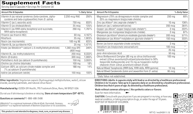 Klaire Labs MultiThera 1 Iron-Free Multivitamin & Multimineral Capsule Formula with Essential Micronutrients - High Potency with Bioactive Folate & B12 - No Iron (180 Capsules)