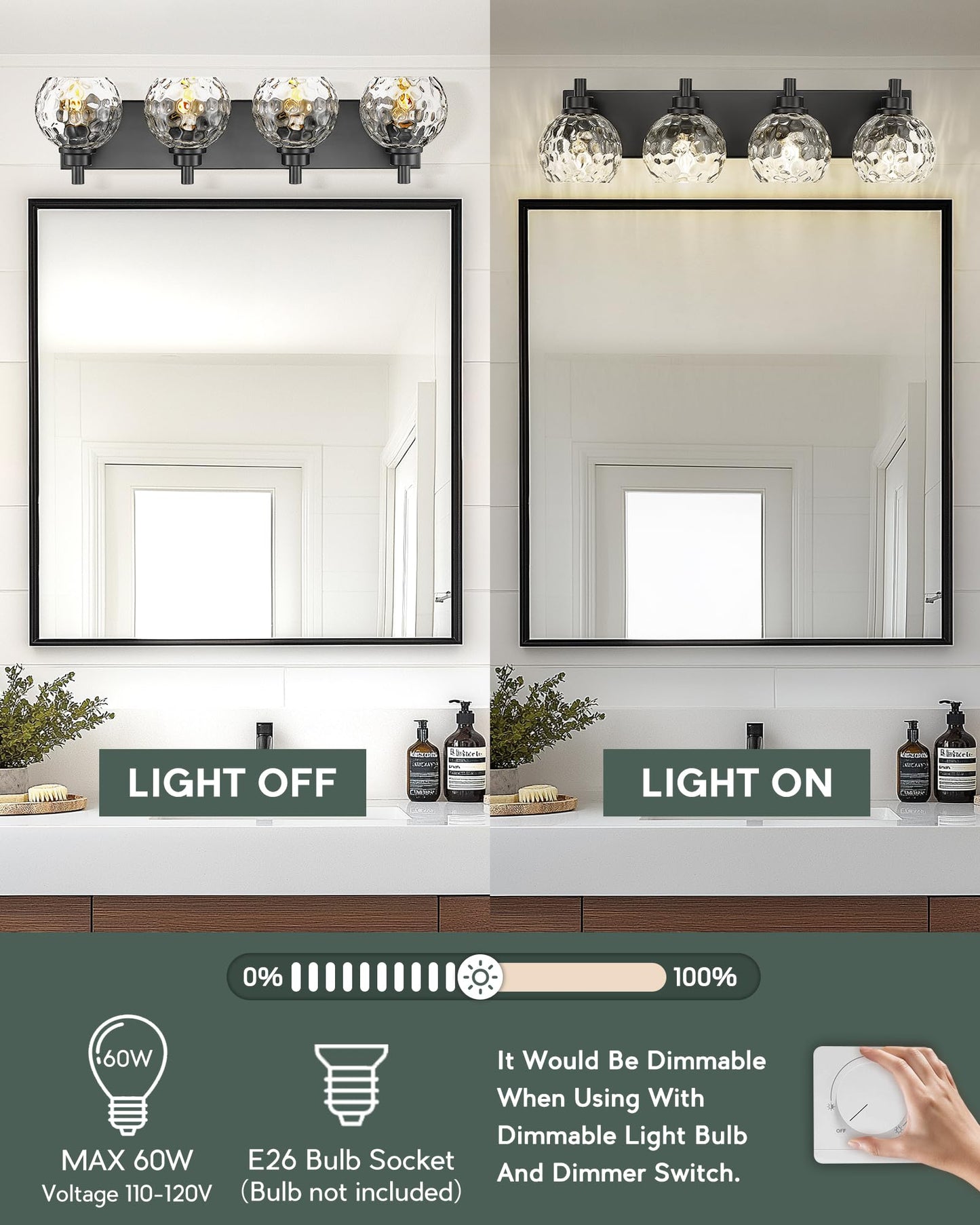 Metwet Bathroom Light Fixtures Over Mirror  26  Matte Black Vanity Light With Clear Hammered Glass Globe Shade  4-Light Modern Sconces Wall Lighting For Bedroom Hallway  Vl200-Mb-Cl-4
