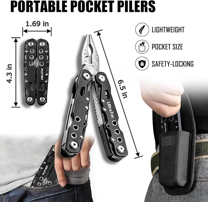 UltraTac Military Grade Multitool Gift Set for Men, Compact Survival Kit for Car Emergency, Christmas or Birthday Gift for Man, Pocket EDC Tools for Camping, Hiking & Quick Fixes - Stainless Steel
