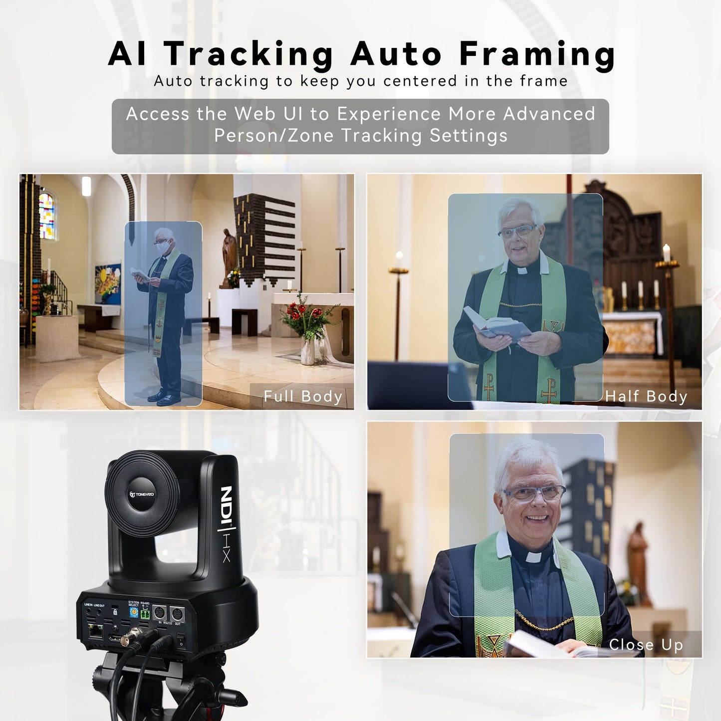 TONGVEO NDI AI Auto-Tracking IP PTZ Camera SDI/HDMI/USB3.0/LAN PoE 30X Optical + 16X Digital Zoom 1080P 60fps for Live Streaming Church Services Education Video Conference with OBS vMix and More