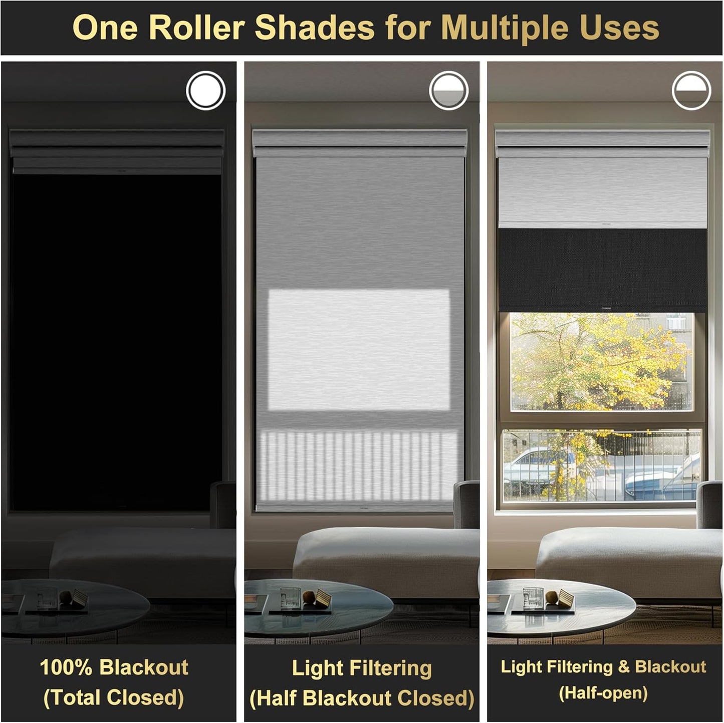 BERISSA Cordless Dual Roller Shades with Cassette Valance,Double Window Shades Blackout and Light Filtering Shades,Day and Night Roller Shades for Home Office Door.Linen Black and White.47 W x 36" H