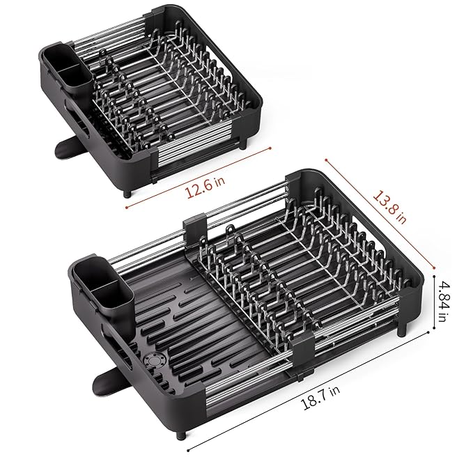TOOLF Dish Drying Rack for Kitchen Counter, Extendable Dish Rack with Drainboard, Expandable Dish Drainer, Collapsible Dish Strainer with Cutlery Holder, Foldable Countertop Plate Rack, Dark Black