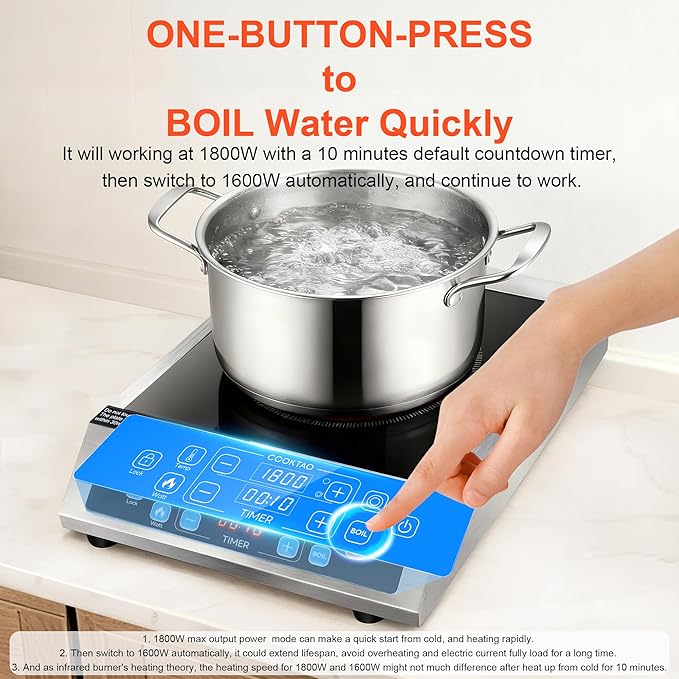 Dual Coils Design of Stainless Steel Single Burner Electric Cooktop, 1800W Commercial Ceramic Infrared Cooking Hot Plate, 12 inch Portable Countertop Radiant Stove Top Cooker with WATT n TEMP Control