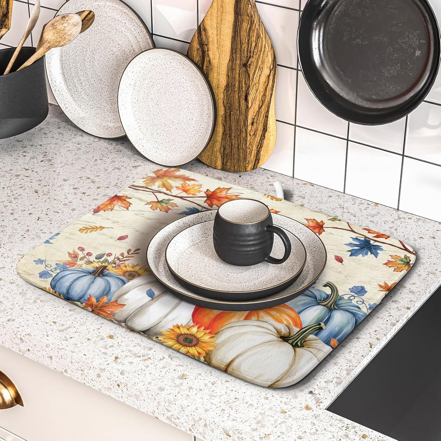 Fall Pumpkin Dish Drying Mat for Kitchen Counter 16x18 Inch Vintage Autumn Thanksgiving Absorbent Reversible Microfiber Dish Drainer Rack Mats Countertops Protector Mat