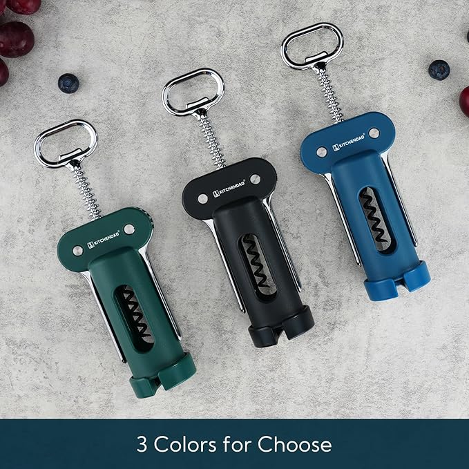 KITCHENDAO 3 in 1 Wing Corkscrew Wine Bottle Opener with Foil Cutter, Built-in Beer Bottle Opener, Multifunctional Wine Opener with Non-Stick Sharp Screw,Easy to Use, Manual Wine Corkscrew，Black