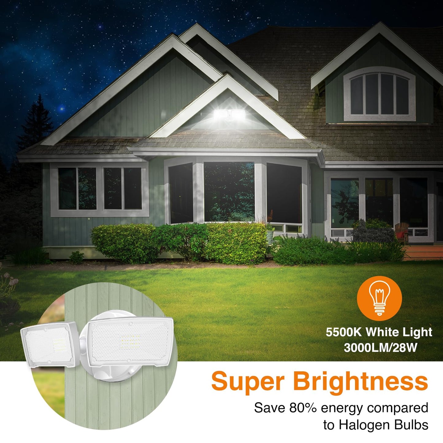 LEPOWER 3000LM LED Flood Light, 28W Switch Controlled, 2 Adjustable Heads, IP65 Waterproof, White, Model YY01D-WH