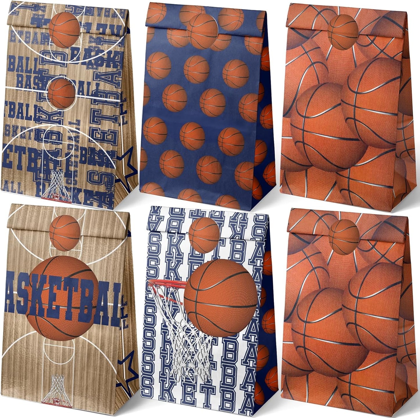 Basketball Party Favor Bags – 24 Pcs Basketball Gift Bags with 5 Designs, Paper Goodie Bags for Sports Theme Birthday Party Decorations and Supplies