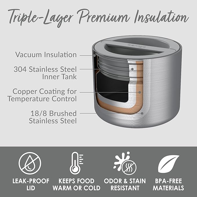Bentgo Stainless Insulated Food Container - 2.4 Cups (19 oz), Triple-Layer Insulation, Vacuum Seal, Leak-Proof, Built-In Handle, Wide Opening, Premium Stainless Steel, for Cool/Warm Foods (Steel)