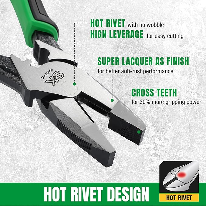 SK 9.5-Inch Linesman Pliers, High Carbon Steel, Ergonomic Anti-slip Handle for Comfortable Grip