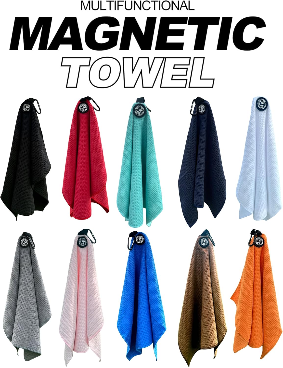 2-Pack Magnetic Golf Towel with Clip, Microfiber Waffle Design - Industrial Strength Magnet for Strong Hold to Golf Bags, Carts & Clubs - Gray