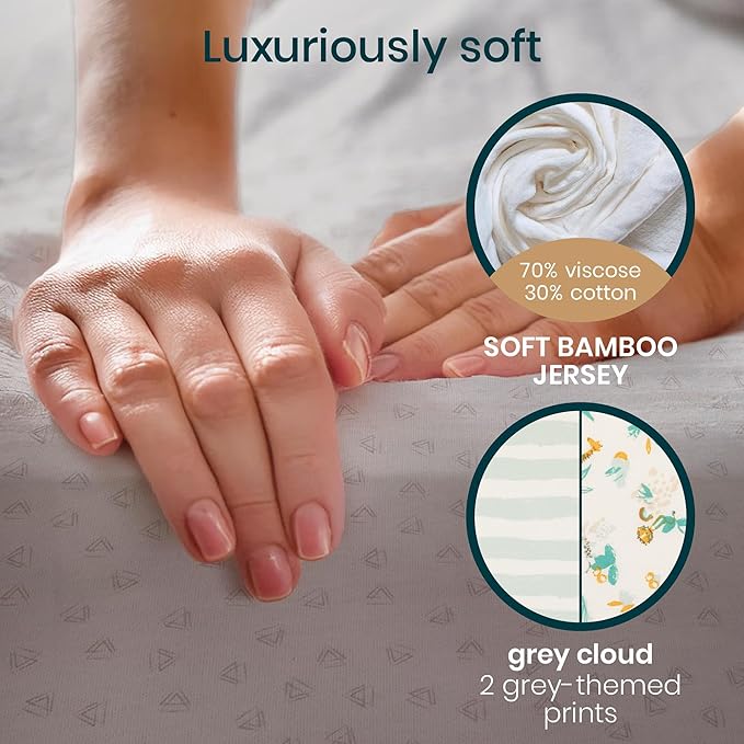 Tutti Bambini Premium Bassinet Sheets (2 Pack) - Soft & Breathable Bamboo Jersey, Double-Strength Bedside Sleeper Sheets, Fits Mattresses from 20.8 x 31.5 in to 23.6 x 35.4 in (Grey/Cloud)