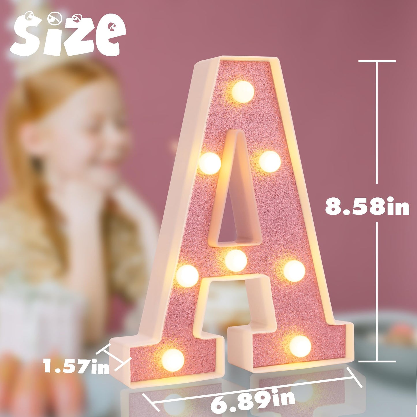 DyingSwan Small LED Marquee Letter A, 8.58 Inch Light Up Sign, Battery Powered, Pink Glitter Decor for Parties and Events