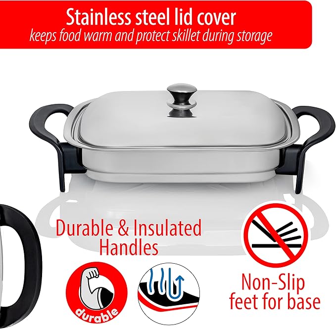 Maxam 16-Inch Electric Skillet - Rectangular Stainless Steel Pan with Handles and Lid Cover