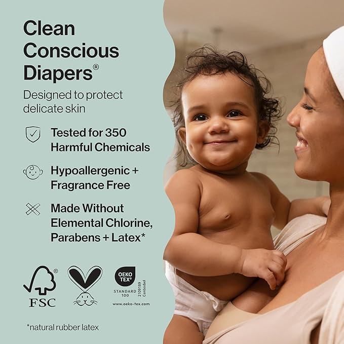 The Honest Company Clean Conscious Diapers for Delicate Skin | Up to 100% Leakproof | Hypoallergenic, Fragrance Free | Gender Neutral | Club Box, Size 6 (35+ lbs), 40 Count (Prints May Vary)