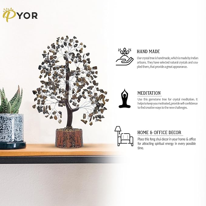 PYOR Tigers Eye, Healing Crystal Tree, Office Decor for Women, Gem Tree, Tiger Eye Stone, Good Luck Gifts, Money Crystal Stone, Positive Energy Decor, Gemstone Bonsai