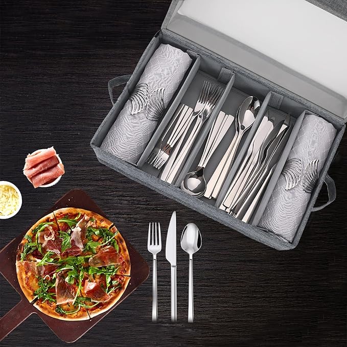Joyfol Day Flatware Utensil Storage Case, Silverware Storage Box with Padded Dividers, Removable Cutlery Storage Holder with Handles and Removable Lid, for Protects and Organizes Cutlery, Grey