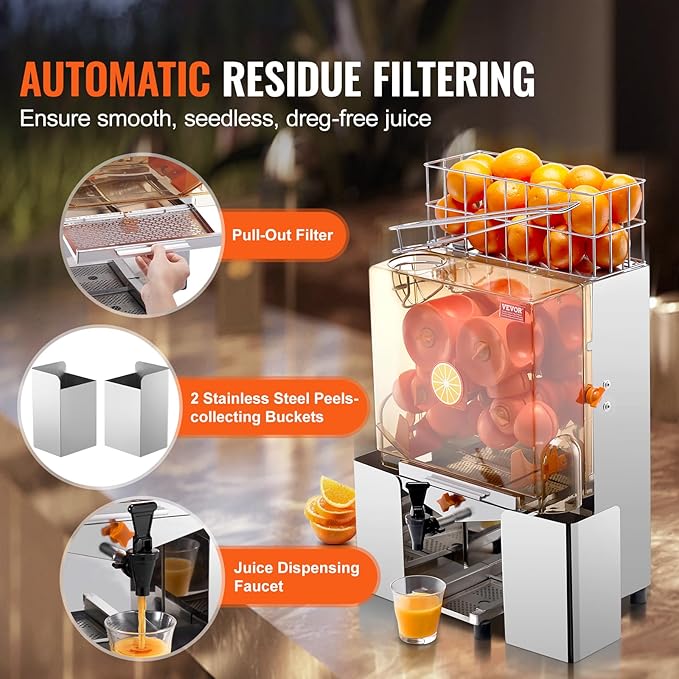 VEVOR Commercial Orange Juicer Machine, 120W Automatic Juice Extractor with Water Tap, Stainless Steel Orange Squeezer 20 Oranges/Minute, with Pull-Out Filter Box, PC Cover, 2 Peel Collecting Buckets