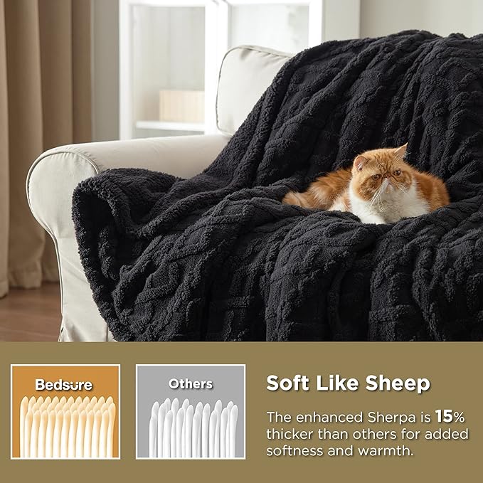 Bedsure Sherpa King Size Blanket for Bed- GentleSoft Fleece Fluffy & Cozy Cable Jacquard Tufted for Women Gift, Thick and Warm Blankets for Winter, Black, 108x90 Inches
