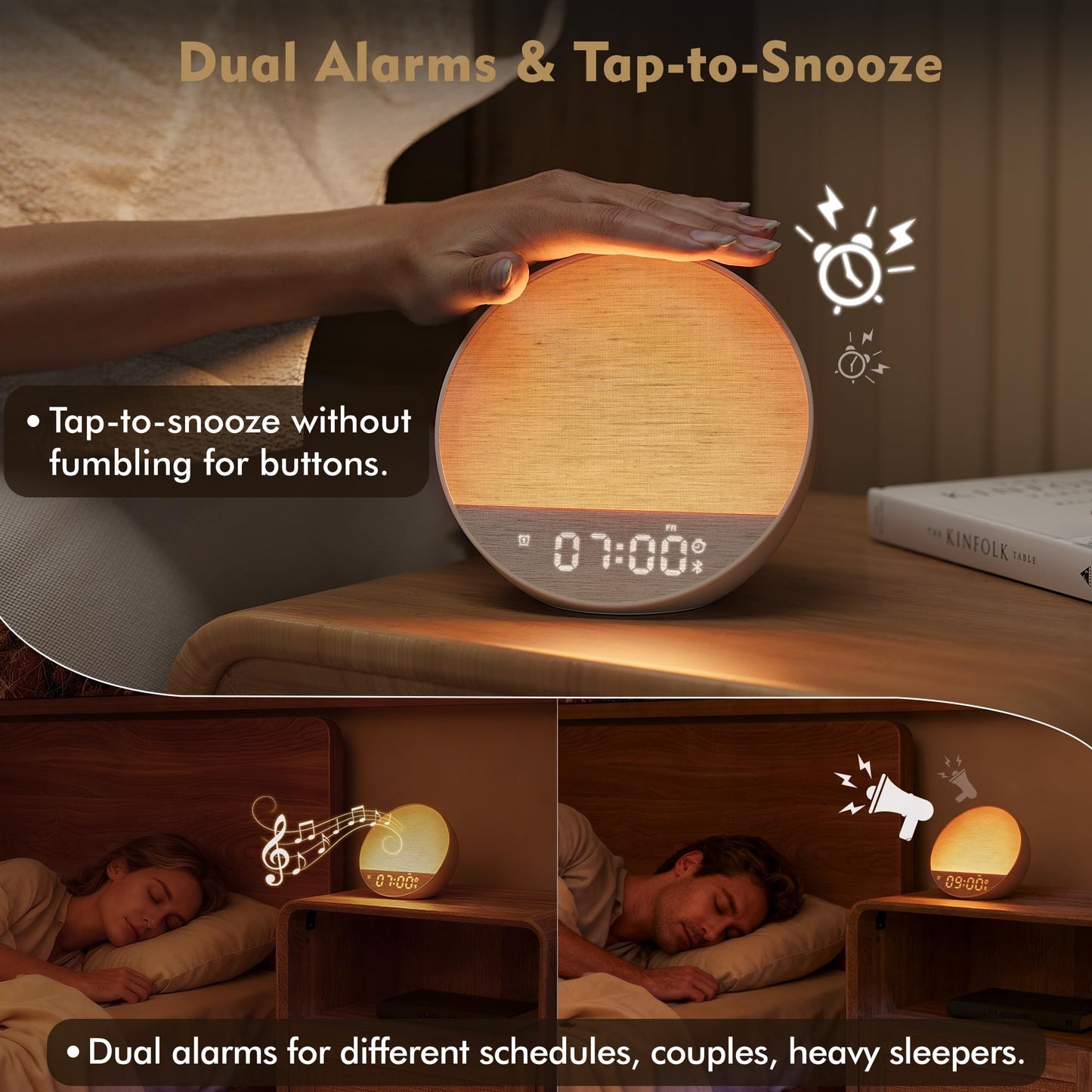 Tap-to-Snooze Sunrise Alarm Clock with Sound Machine, 36 Sounds White Noise Machine for Sleeping Adults, Gradual Sunrise Clock with Bluetooth Speaker & Remote Control, 15-Color Night Light丨Beige
