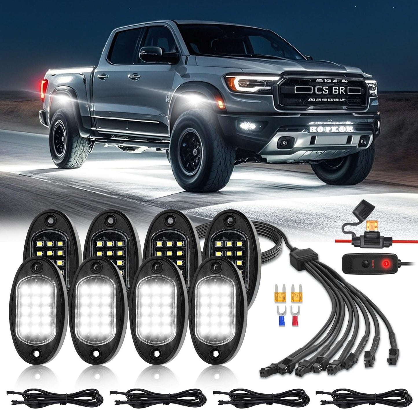 8 Pods White Led Rock Lights For With Switch Extension Harness  6000K 24 Leds Pure White Underglow Kit For Truck Trailer Offroad Suv Utv Rzr  Ip68 Waterproof Under Trail Rig Fender Lighting