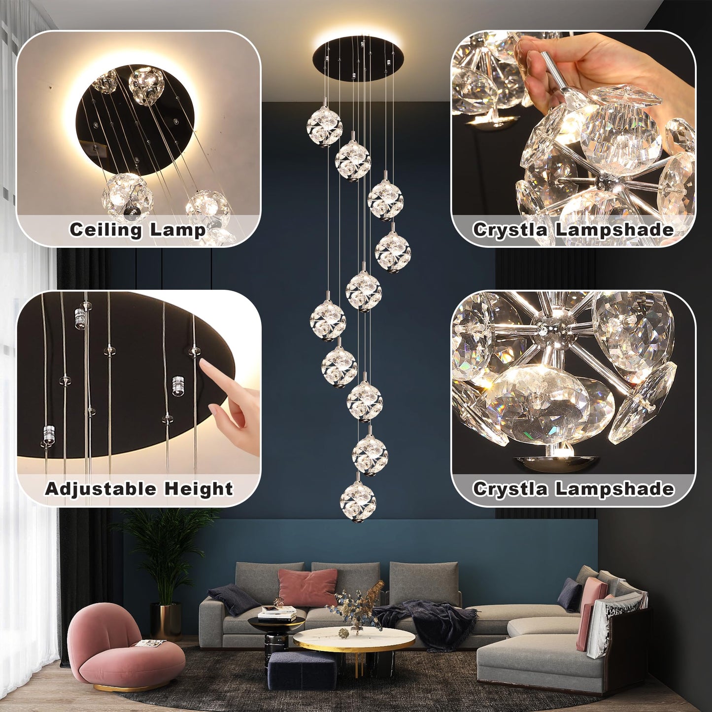 Kaucqi 10-Light High Ceilings Long Chandeliers Modern Crystal Staircase Chandelier Hanging Flush Mount Lighting Fixtures Long Raindrop Hanging Chandeliers For Staircase Foyer Entryway