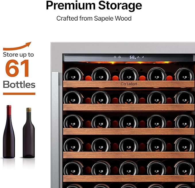 Ca'Lefort 24 Inch Wine Cooler Refrigerator, 61 Bottles Wine Coolers with Glass Door, 3 LED Built-in Compressor Fridge with Adjustable Shelves for Home Office Bar (5.65 cu.ft)