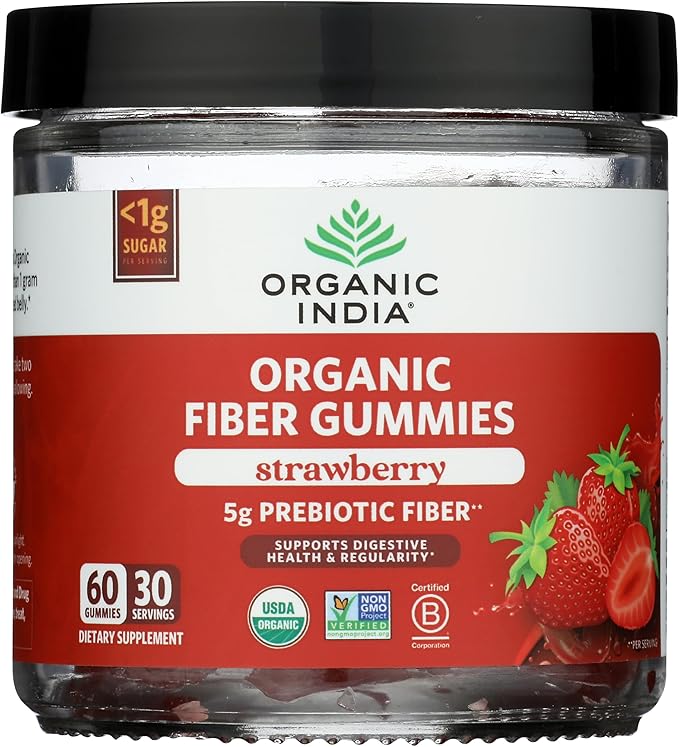 ORGANIC INDIA Fiber Gummies for Adults - Prebiotic Fiber, Dietary Supplement, Digestive Health for Men & Women, Vegan, Low Sugar, Non-GMO - Strawberry, 60 Gummies