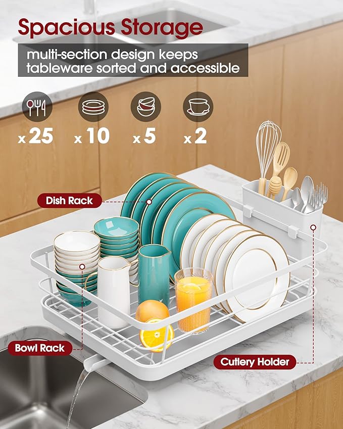 Stainless Steel Dish Drying Rack for Kitchen Counter, Sink Organization and Storage Essentials with Silverware & Utensil Holder, Home and Apartment Decor, 12''W x 15.5''L, White
