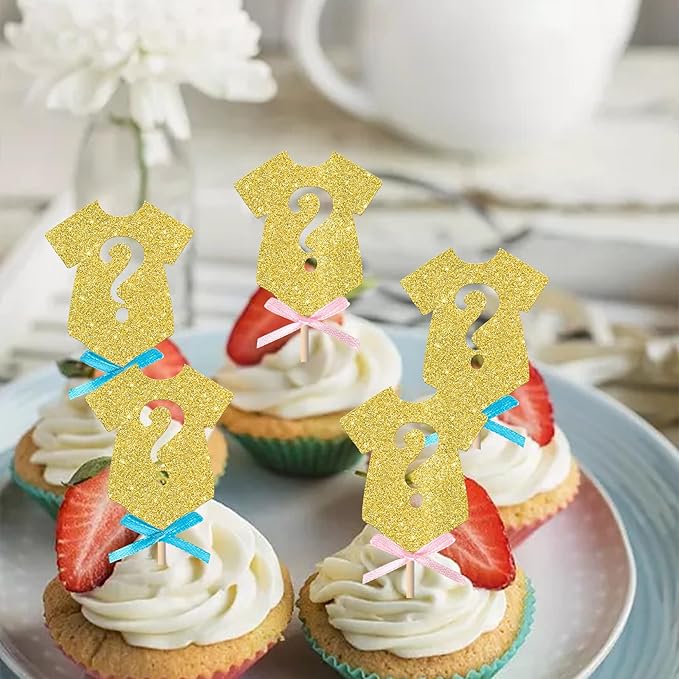 Rsstarxi 24 Pack Gender Reveal Cupcake Toppers Boy or Gir Gender Reveal Party Decorations Pink or Blue Bow Tie Cupcake Picks for Baby Shower Party Cake Decorations Gold