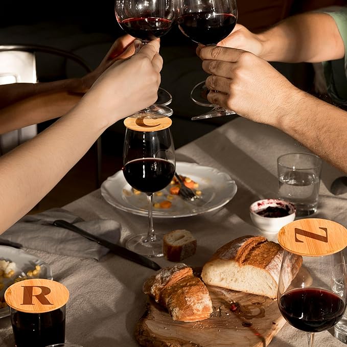 Personalized Wine Glass Charcuterie Topper - Custom Laser Engraved Initial Bamboo Wine Glass Topper Stopper Coasters Plate ID Identification Wine Glass Charcuterie Board Topper (Letter Z)