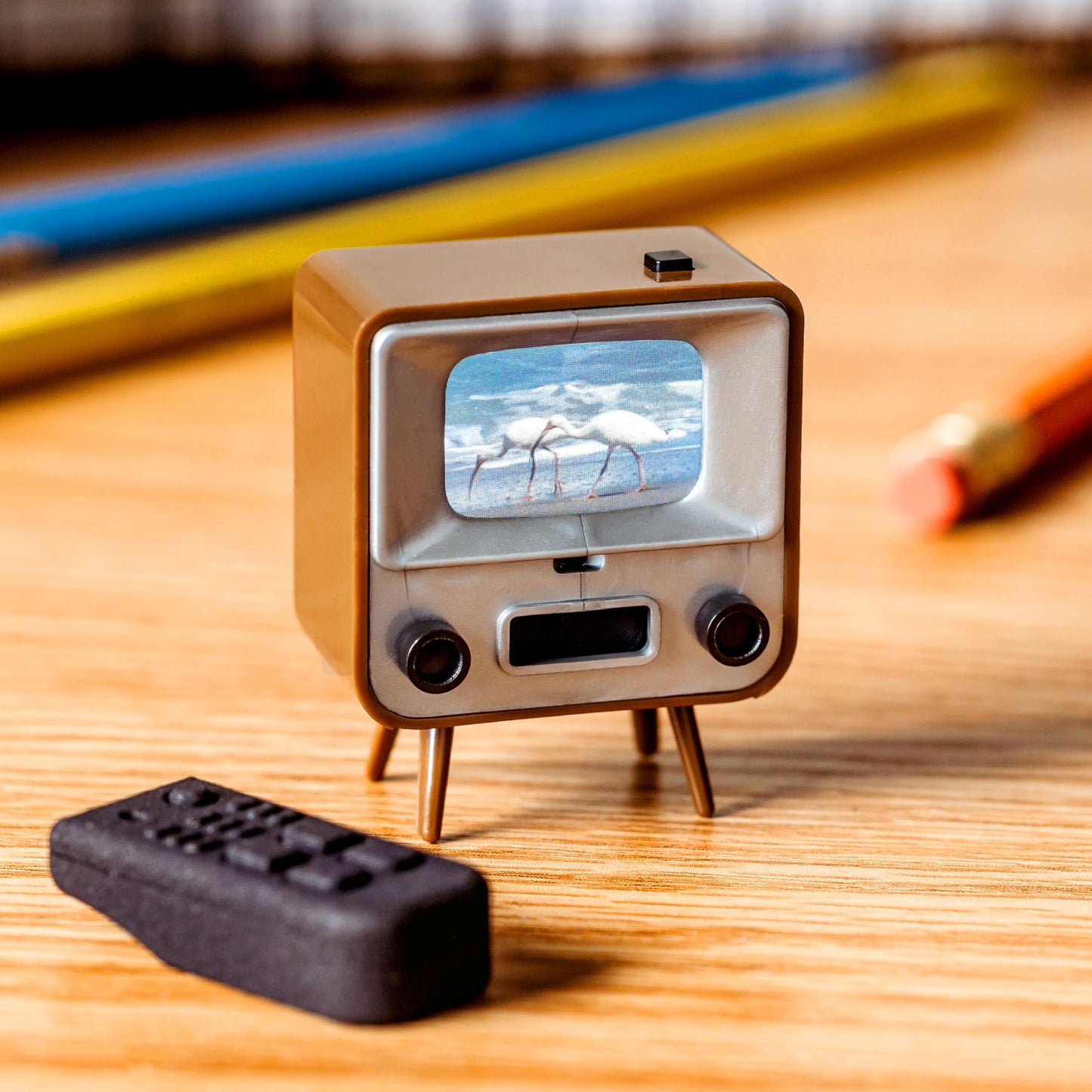 TinyCircuits TinyTV 2 Portable Retro Mini TV – 1.14″ IPS Screen, Preloaded & Uploadable Videos, USB-C Rechargeable, Knob Controls + Tiny Remote (Brown)