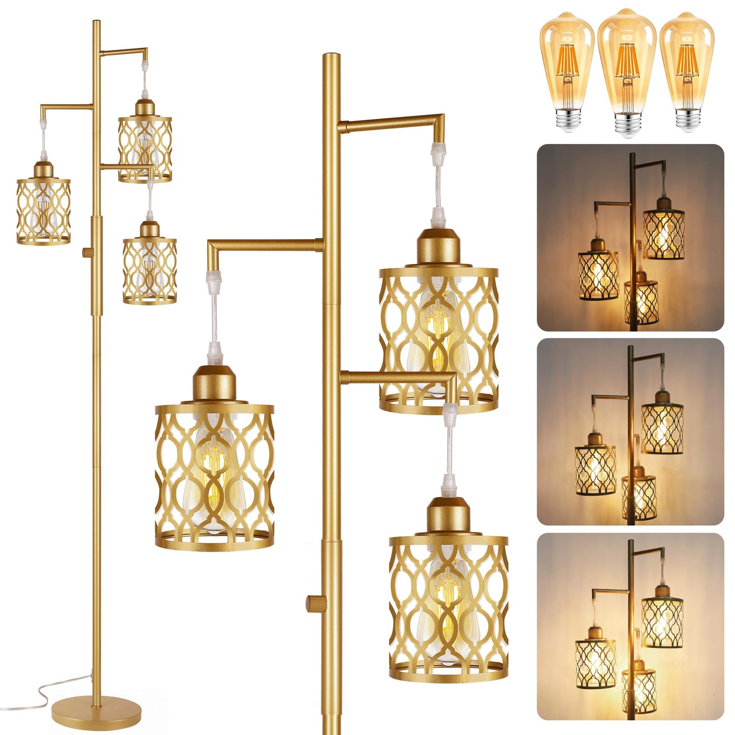 Rottogoon 68 Dimmable Gold Floor Lamp, 3-Light Rustic Design With Metal Shade, Includes 3X 6W E26 Bulbs, Model Rodlldd243