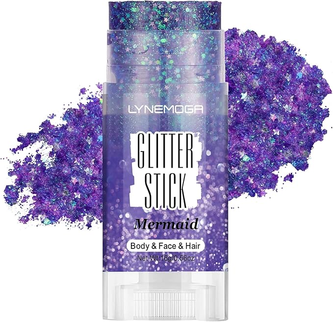 LYNEMOGA Body Glitter Stick, Mermaid Face Body Glitter Stick for Women Girls, Chunky Sequins Hair Glitter Gel Makeup for L...