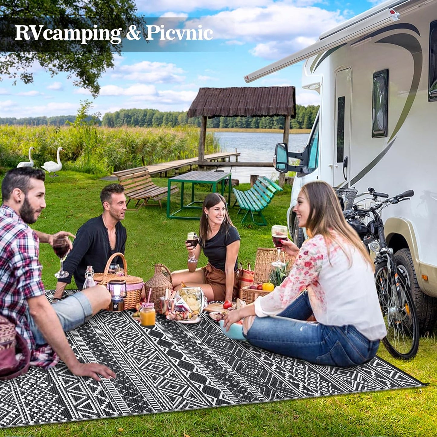 GAOMON Outdoor Plastic Straw Rug, 10'x20' Reversible Sage Green Patio Mat, Flower Modern Design for RV, Backyard, Deck, Camping, Picnic, Black/White(Bohemia)