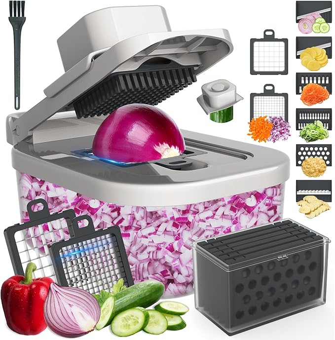 11-in-1 Vegetable Chopper for Kitchen, Food Chopper with Container, Mandoline Slicer Onion Dicer, Veggie Cutter for Fruit Salad Kitchen Gadgets Essential Tools (Grey)
