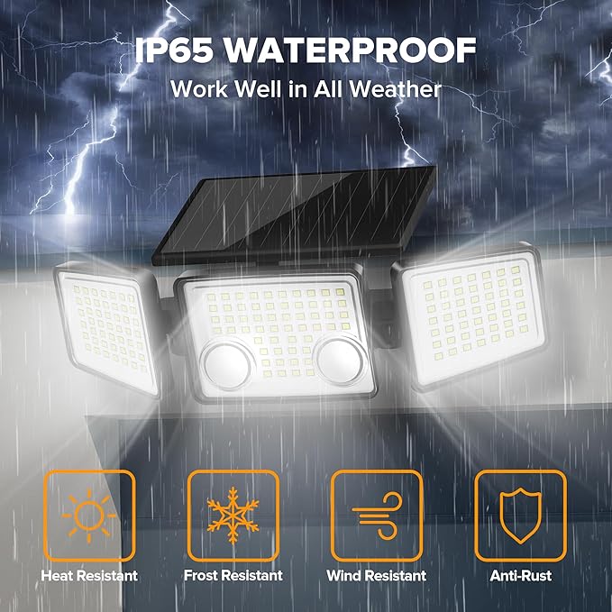 UME Solar Outdoor Lights 3000 Lumen 7000K, 152 LED Super Bright Motion Sensor Outdoor Lights with 2 Sensors, IP65 Waterproof 270 Wide Angle Solar Flood Lights with 3 Modes for Garden - 6 Pack