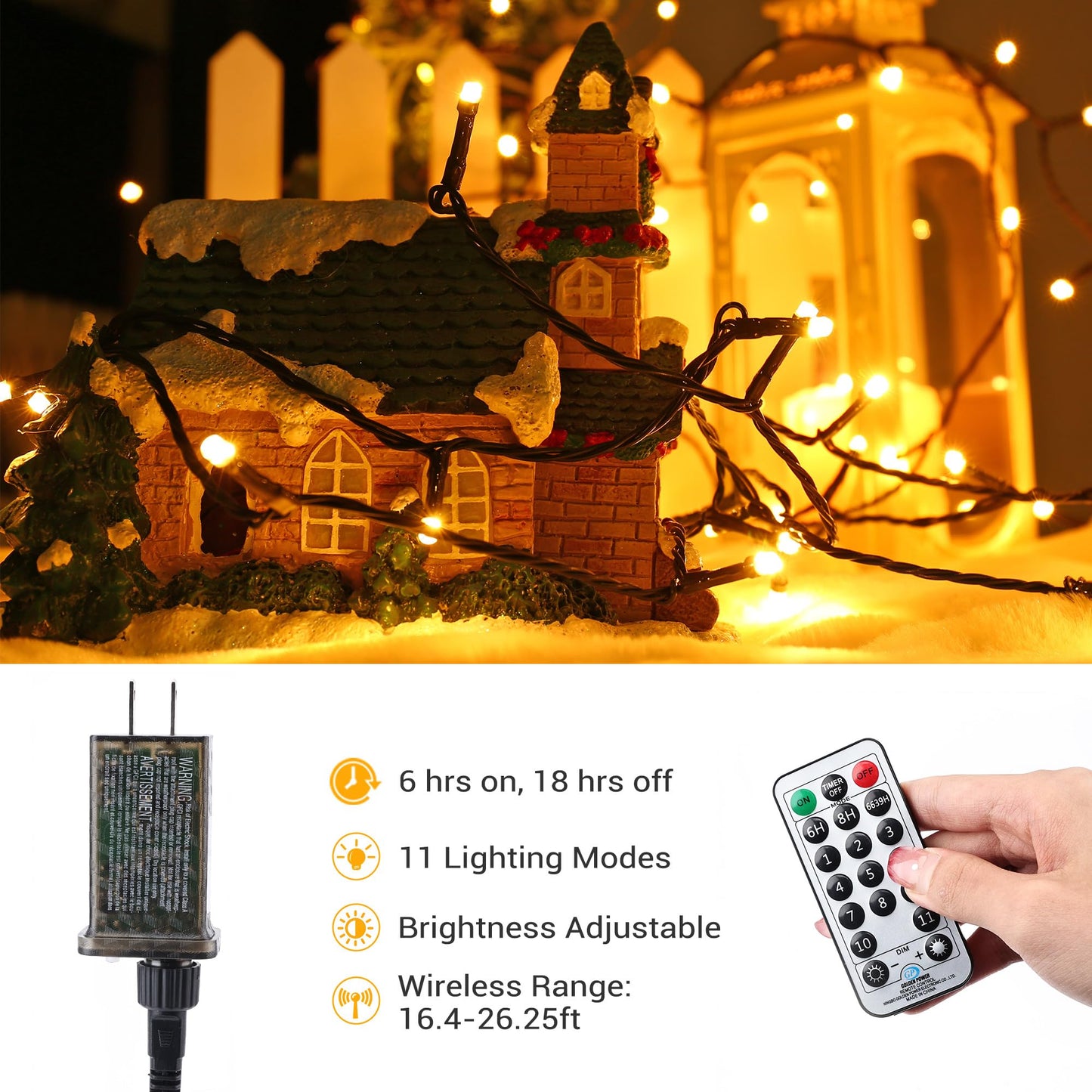 BrizLabs Color Changing Christmas Lights, 300 LED, 115ft, Warm White & Multicolor, 11 Modes, 24V Safe Adapter, Model GP-SW240DC0300-IP